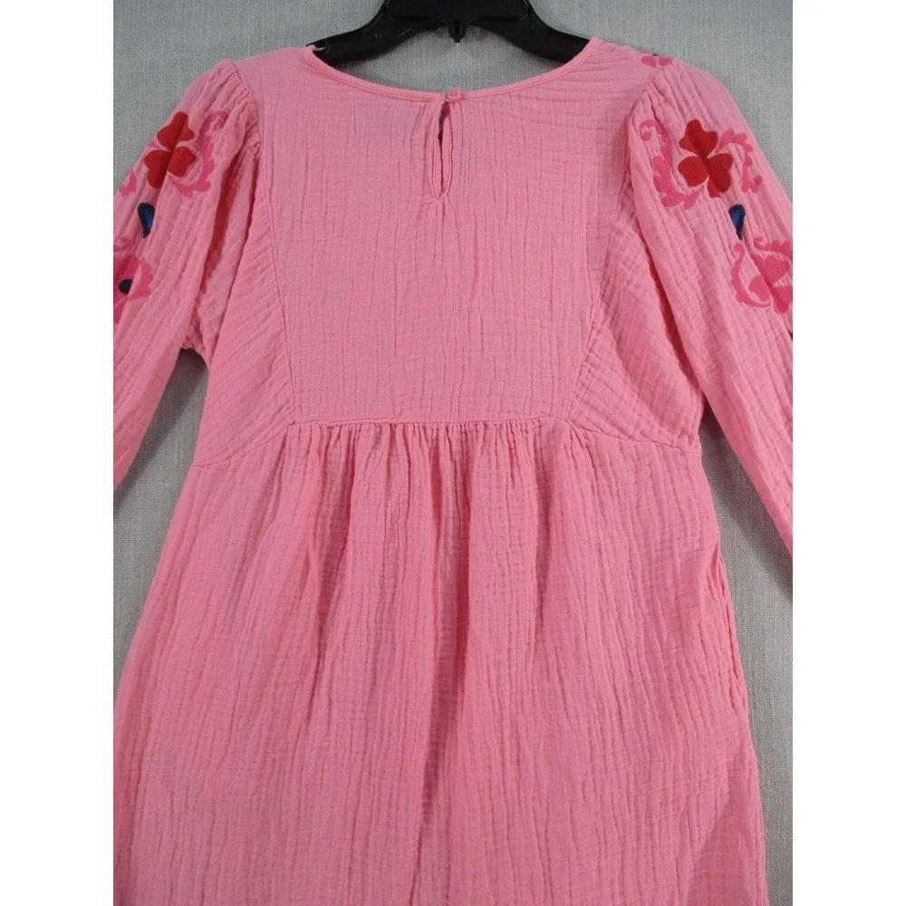 Old Navy Girls Pink Crinkle Gauze Embroidered Floral Long Sleeve Dress XL 14-16